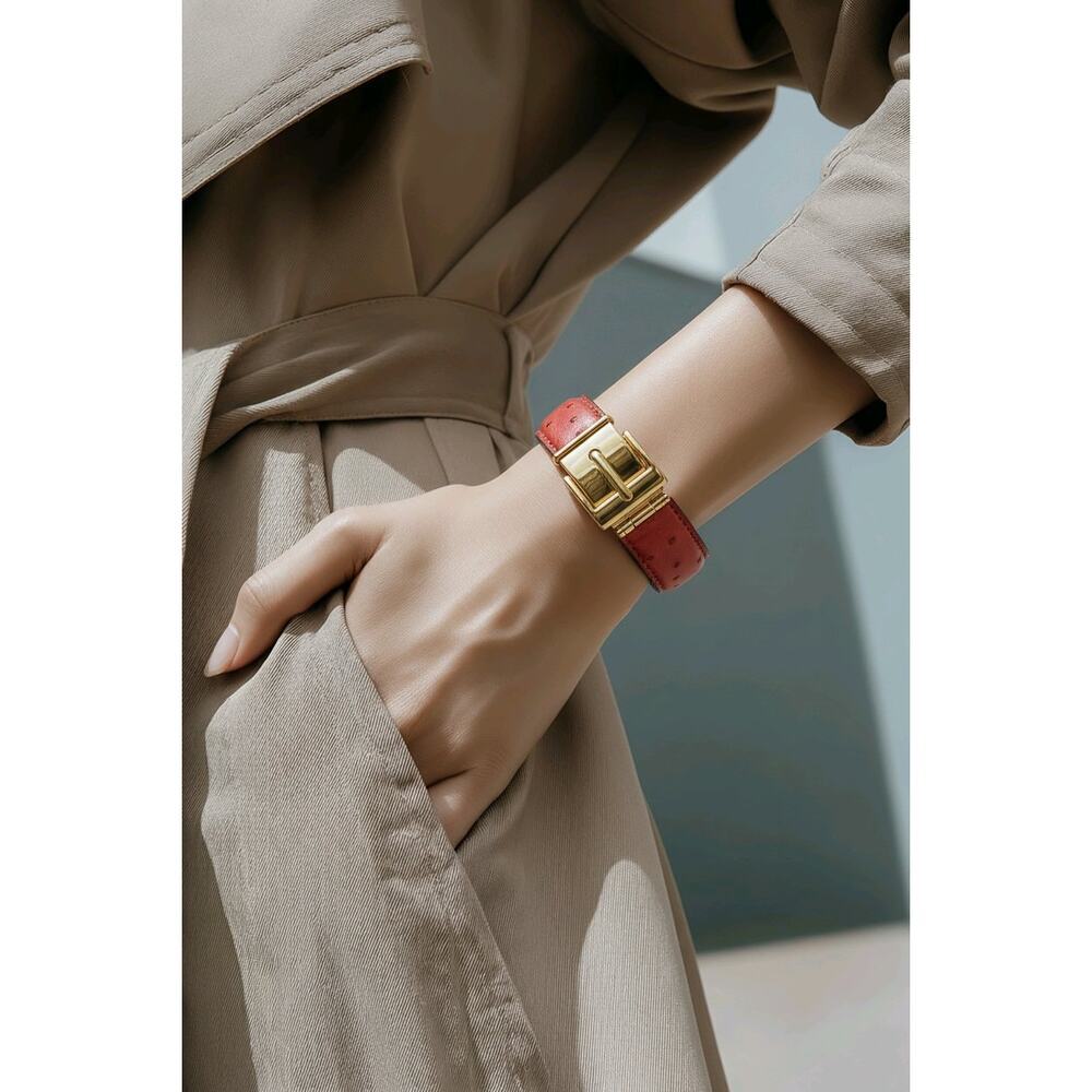 Vintage Gucci Red Ostrich Leather Cuff Bracelet Gold Buckle w/ Crest Box